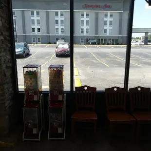 a view of a parking lot through a window
