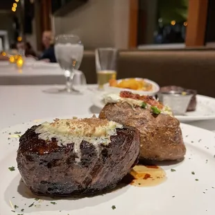 Filet Mignon, roasted garlic brie butter, loaded potato