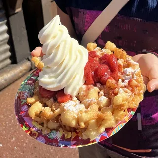 Funnel Cake with Strawberry Topping and Soft-serve Vanilla Ice Cream