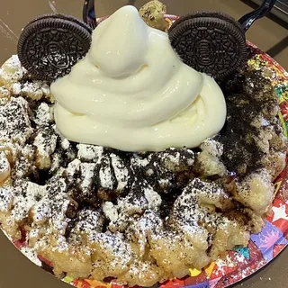 Funnel Cake with Cookies 'n Cream and Soft-serve Vanilla Ice Cream