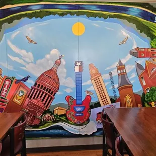 Nice decor with this terrific Austin theme mural.