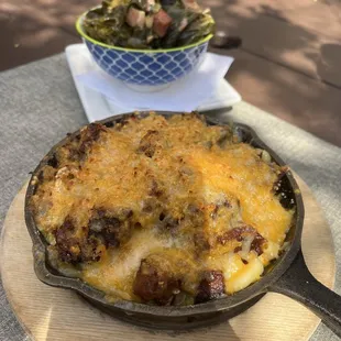 a skillet of food on a table