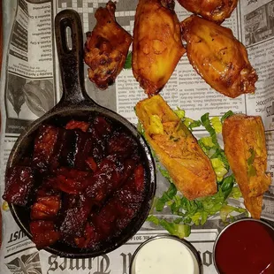 Appetizer sampler for 23.50 (on 11/13/2021): full order burnt ends, 4 smoked chicken wings, and 2 pulled pork roll.