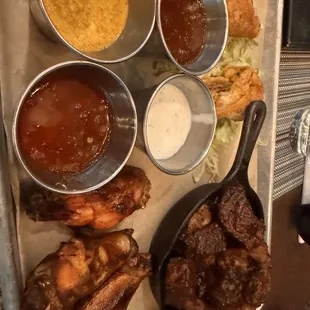 Appetizer Sampler: wings, burnt ends, and Kahlua Pig Roll