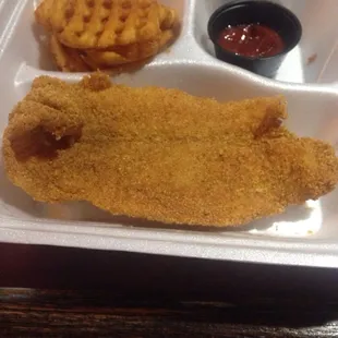 Swai fish filet ya get 2 hugh pieces but i ate one before i took the pic lol and waffle fries!!!