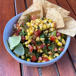 Summer snack: corn salsa with tortilla chips