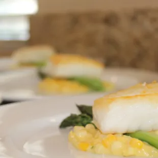 Seared Halibut, Mascarpone Cream Corn, Delta Asparagus