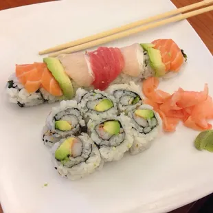 Rainbow roll and California roll. Not very fresh.