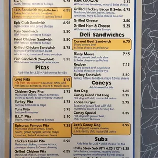 Sandwich menu