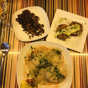 Biscuit's and Gravy, Yam Cakes with creamy dill sauce. And  Biscuit and Gravy topping. (Soy curls, onions,mushrooms) ordered it on the side.
