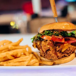 a chicken sandwich and fries on a plate