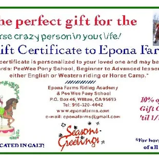 Gift Certificates now available! 20% Discount on all until 1/1/16.