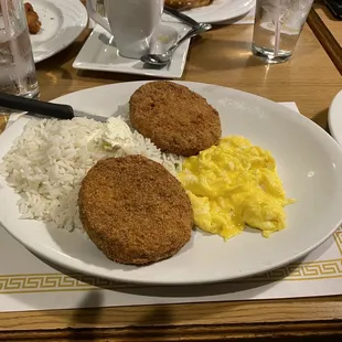 Salmon Patty with rice, eggs, and biscuits