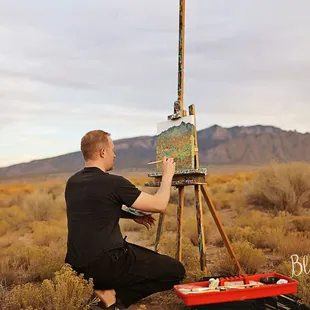 Sandia Mountains and Dr. Pridham painting
