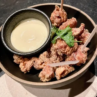 Chicken Karaage - pickled garlic, fresh herbs, kewpie mayo. YUM!!!