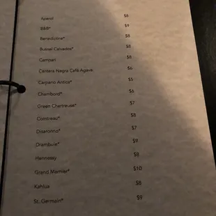 Drink menu