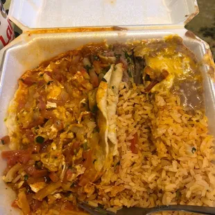 a meal in a styrofoam container