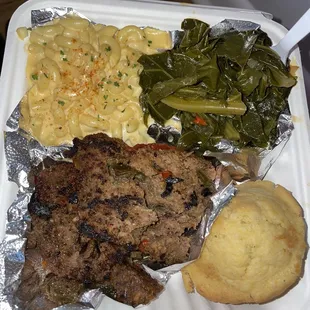 Meatloaf with 2 Sides Mac and Cheese and Collard Greens