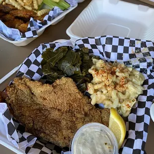 Catfish, greens, mac and cheese