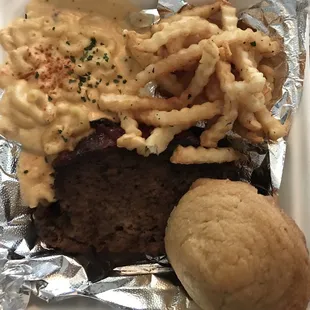 Meatloaf with two sides of Mac and fries (comes with cornbread)