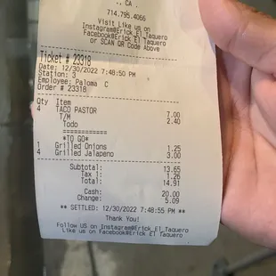 Breakdown of price. T/M is the  home made tortilla, I think.