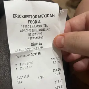 a receipt for mexican food