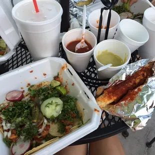 a plate of food and drinks