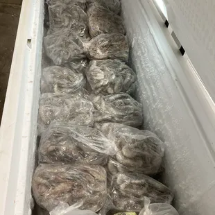 Here is the freezer today, 08/21/24. They had only white JUMBOS! Today's price is $30. for a 5 pound bag, about 50-55 shrimps.