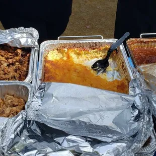 Spread.  Pulled chicken, pulled pork, cheesy potatoes and bake beans.