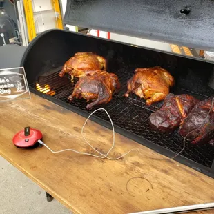 Pork butts and chicken almost ready to be pulled.