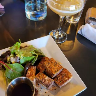Tofu with green tea infused vodka cocktail