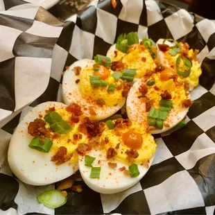 a plate of deviled eggs