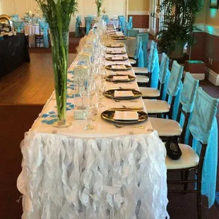 Teal silver and white wedding and reception in Brentwood at Wedgewood golf and Conference Center