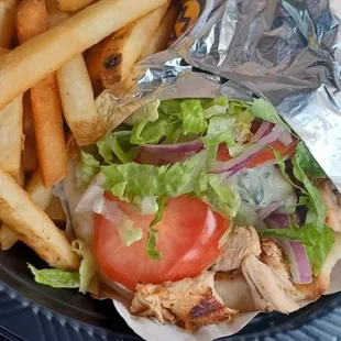 Chicken Gyo Pita with French fries