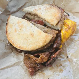 Sausage, egg, cheese, bacon breakfast sandwich