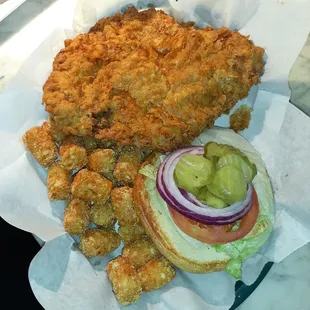 a fried chicken sandwich and pickles
