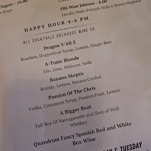 Happy Hour drink menu