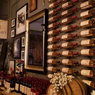 a wall of wine bottles