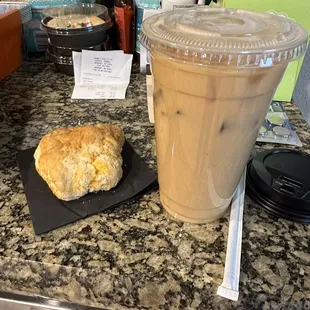 Jalapeño cheddar scone &amp; large sugar free iced caramel brûlée with almond milk