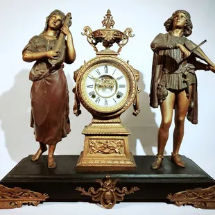 Very Rare Ansonia "Hebe and Venetian",  Double figural cast metal mantel clock,  circa 1895.  $2,800.