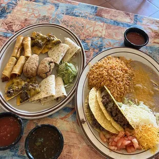 Sampler Appetizer Plate and Ernesto's Speedy Lunch with 2 Crispy Tacos