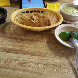 Chips and spicy salsa and green Chile queso... Yum