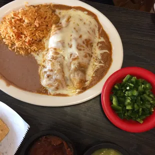 Beef fajita enchilada lunch