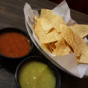 Tortilla chips and 2 sauces.