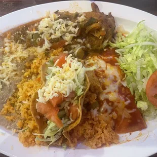 Mexican plate: red cheese enchilada, chile relleno, crunchy ground beef taco 10/10