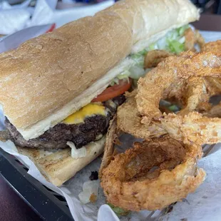 CheeseBurger Poboy dressed with Onion Rings