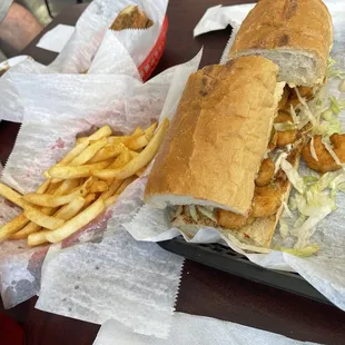 Shrimp poboy and fries