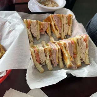 Club Sandwich with a cup of Chicken and Sausage Gumbo