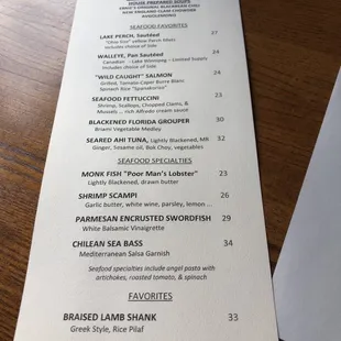 the menu for the restaurant