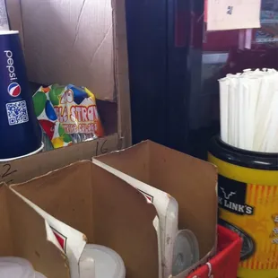 Oh Ernie! Always dependably ghetto. Note they offer bendy straws now (a ripped open dollar store package of bendy straws...)